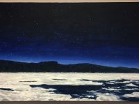 A painting of the winter solstice done by C.I.S. Director Dr. Bernard Perley of a lake partially covered in ice with mountains in the background, under a dark blue gradient sky full of stars.